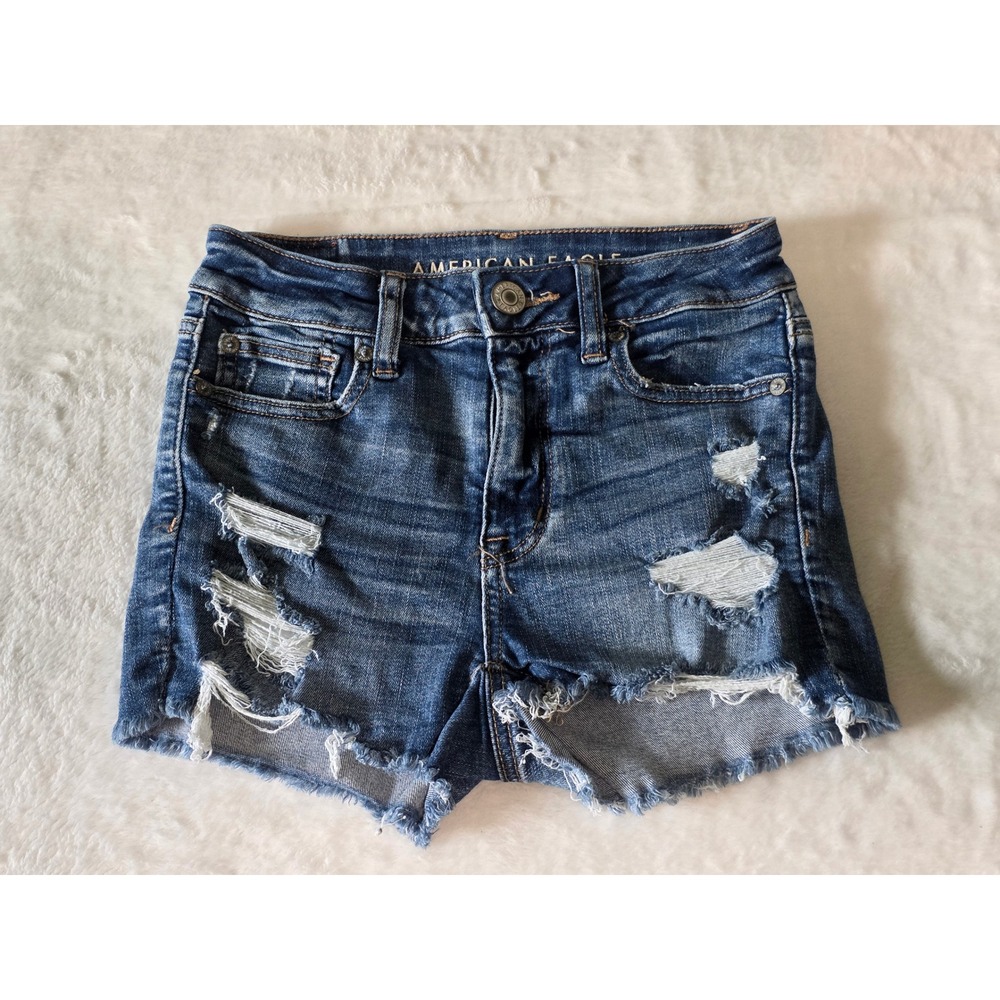 American Eagle Hi-Rise Shortie Distressed Denim Jean Shorts Blue Women Size 0